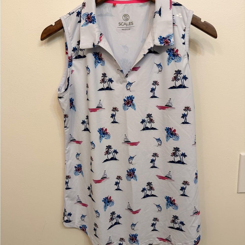 Scales Sleeveless Boat Tropical Print Golf Shirt